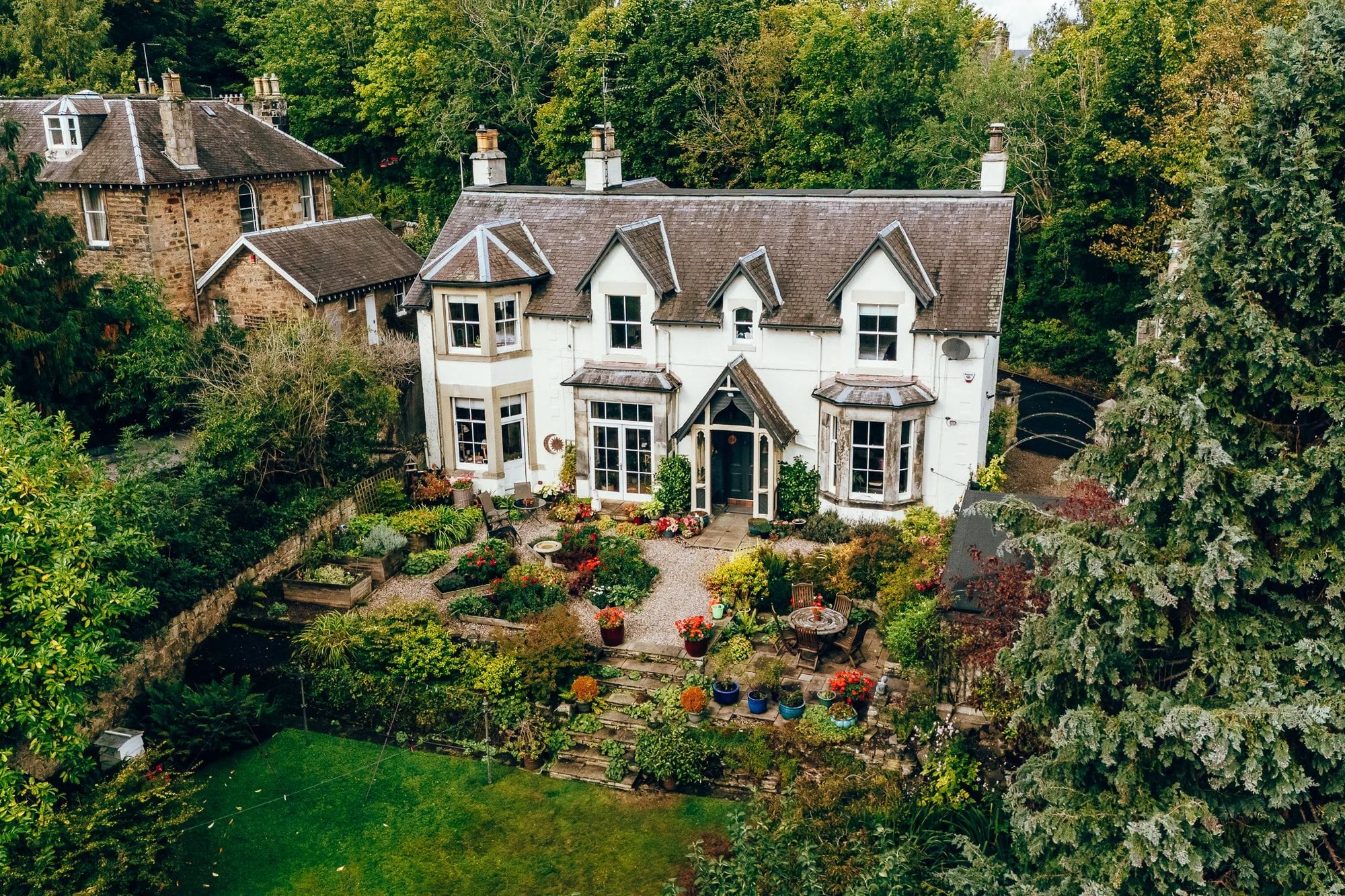 Aerial view of a period Edinburgh home and its gardens, shot for the listing